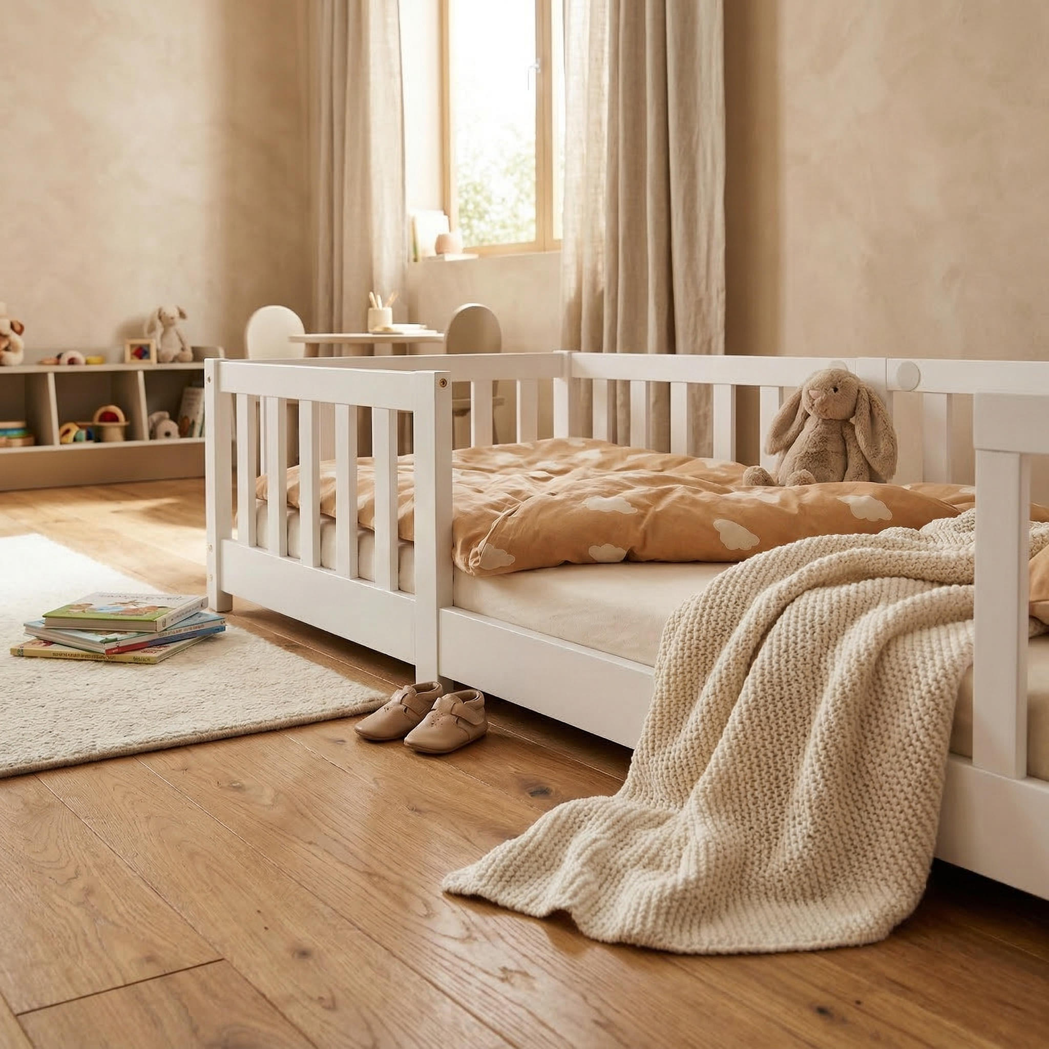 Traumhaftes Kinder- und Jugendbett mit Rausfallschutz | Kiefer-Massivholz| Inkl. Lattenrost | 80x160 & 90x200 cm | Weiß & Natur