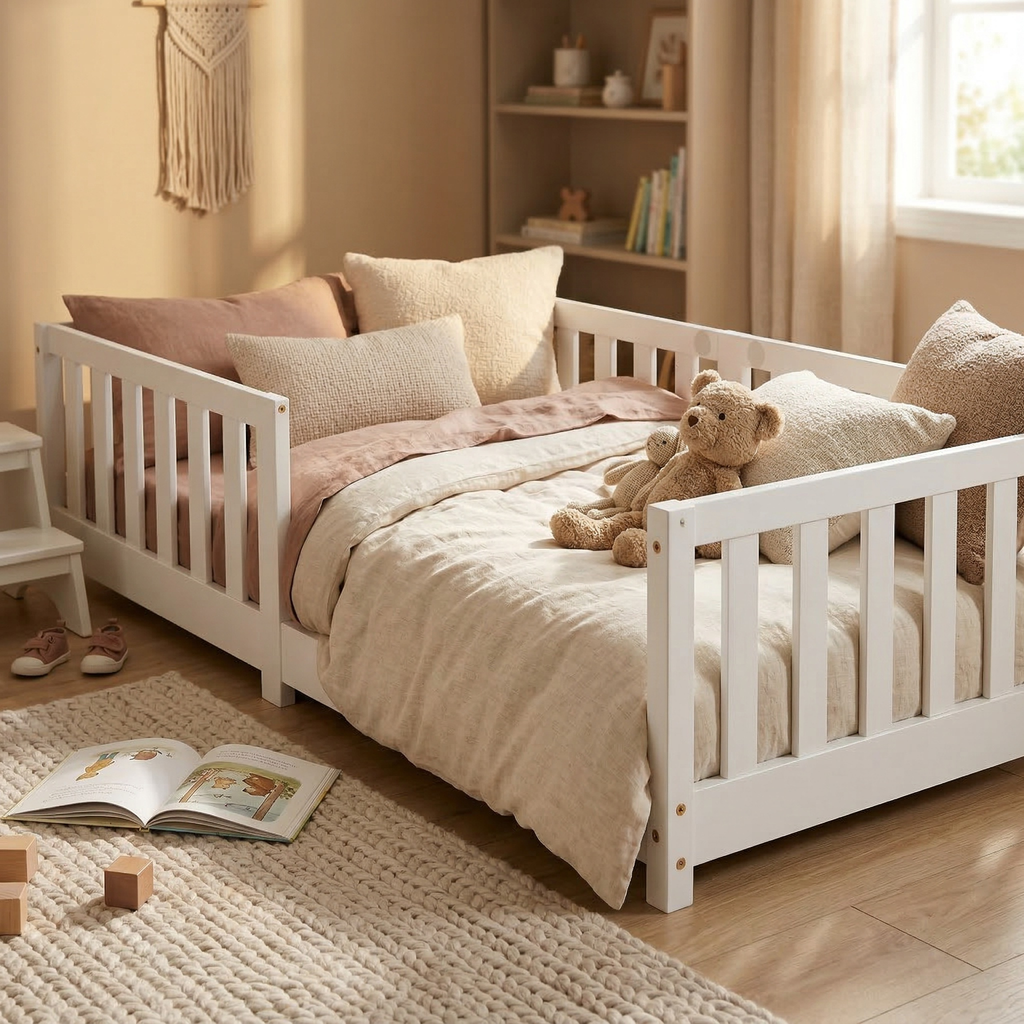Traumhaftes Kinder- und Jugendbett mit Rausfallschutz | Kiefer-Massivholz| Inkl. Lattenrost | 80x160 & 90x200 cm | Weiß & Natur