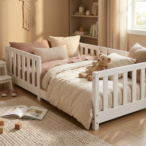 Traumhaftes Kinder- und Jugendbett mit Rausfallschutz | Kiefer-Massivholz| Inkl. Lattenrost | 80x160 & 90x200 cm | Weiß & Natur