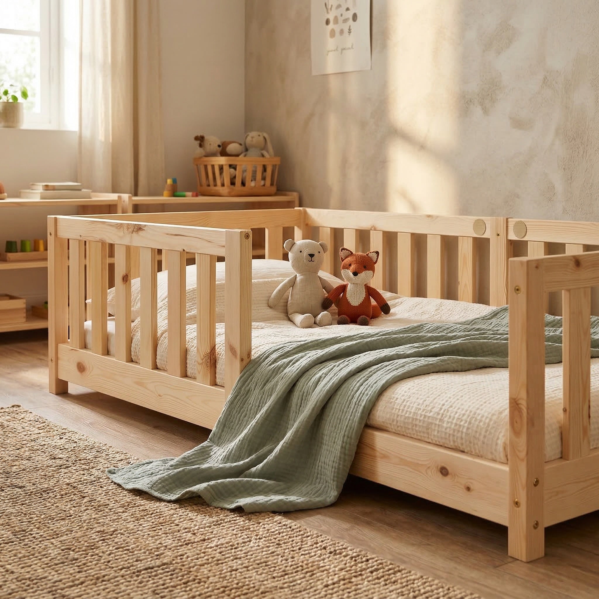 Traumhaftes Kinder- und Jugendbett mit Rausfallschutz | Kiefer-Massivholz| Inkl. Lattenrost | 80x160 & 90x200 cm | Weiß & Natur