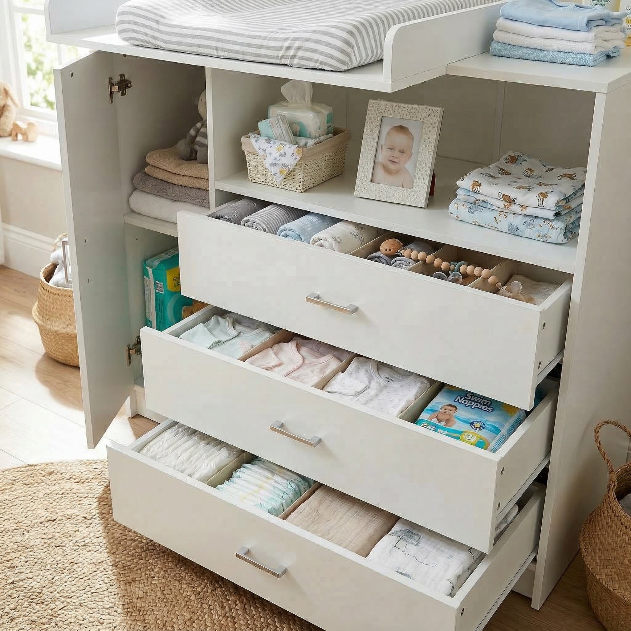 Wickelkommode Wickeltisch Baby Kommode aus Holz mit Wickelaufsatz, 3 Schubladen, 1 Tür, 100 cm Höhe in Weiß, Wickeltisch 113 x 100 cm