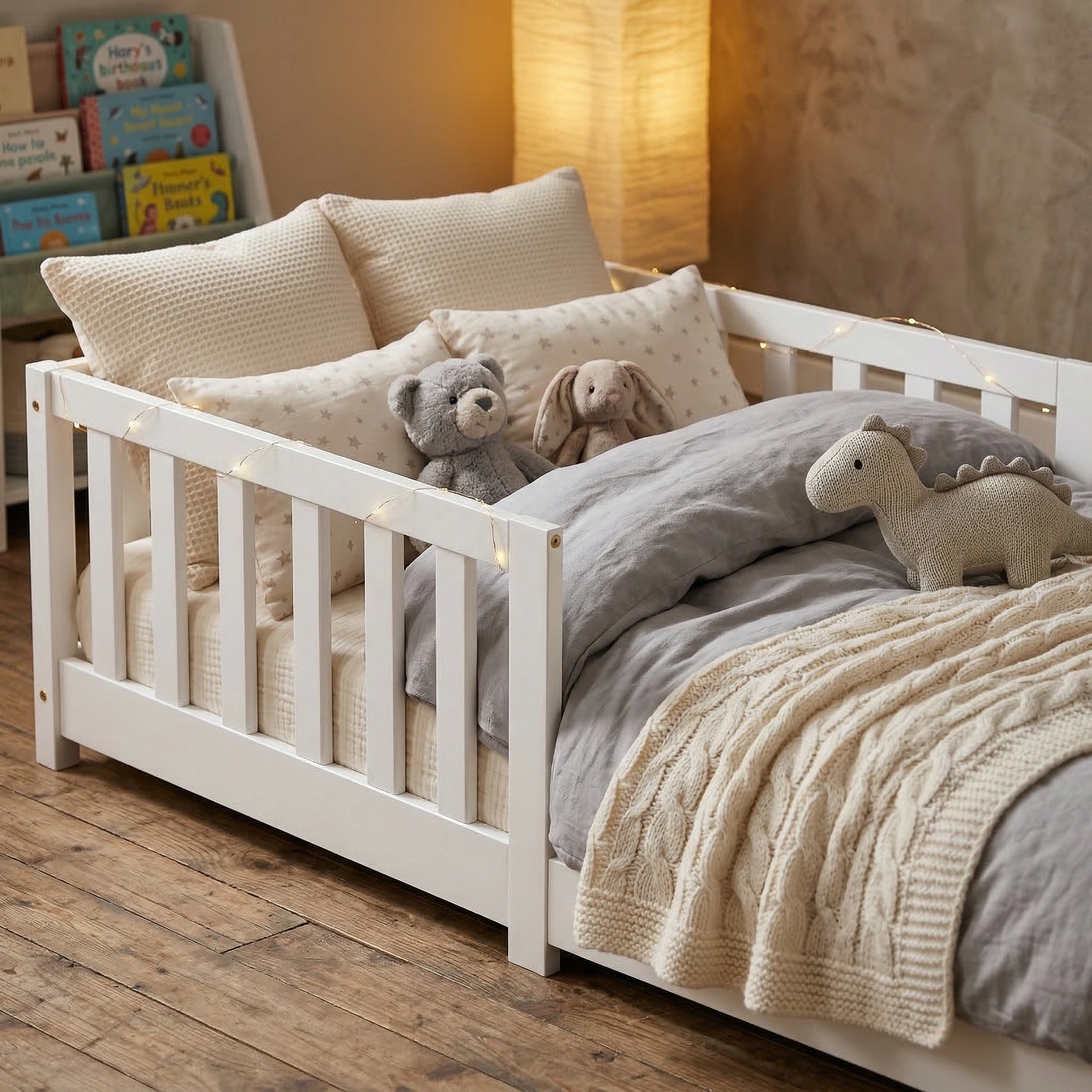Traumhaftes Kinder- und Jugendbett mit Rausfallschutz | Kiefer-Massivholz| Inkl. Lattenrost | 80x160 & 90x200 cm | Weiß & Natur