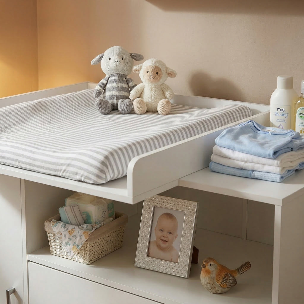 Wickelkommode Wickeltisch Baby Kommode aus Holz mit Wickelaufsatz, 3 Schubladen, 1 Tür, 100 cm Höhe in Weiß, Wickeltisch 113 x 100 cm