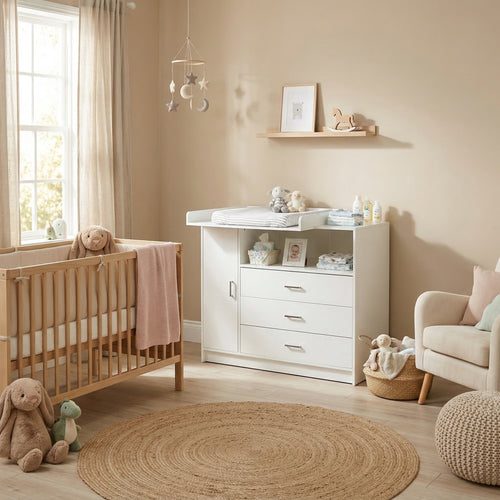Wickelkommode Wickeltisch Baby Kommode aus Holz mit Wickelaufsatz, 3 Schubladen, 1 Tür, 100 cm Höhe in Weiß, Wickeltisch 113 x 100 cm