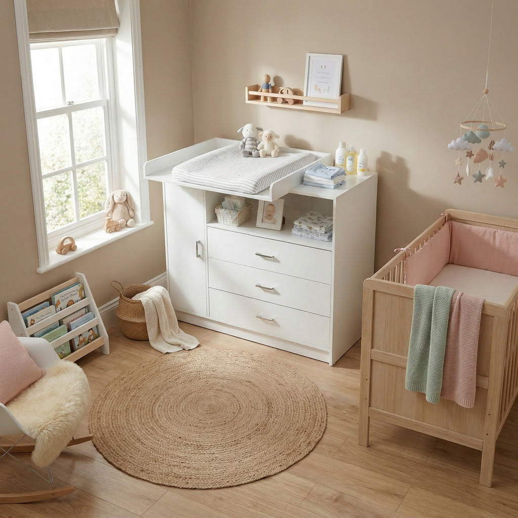 Wickelkommode Wickeltisch Baby Kommode aus Holz mit Wickelaufsatz, 3 Schubladen, 1 Tür, 100 cm Höhe in Weiß, Wickeltisch 113 x 100 cm
